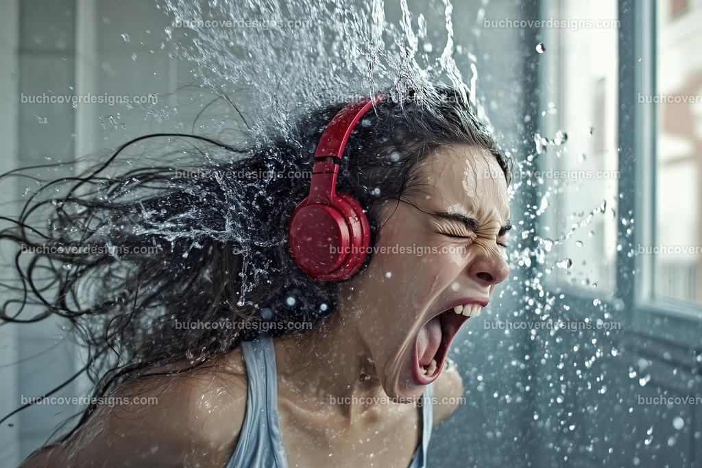 Gesicht einer Frau mit Kopfhörer (170) | screaming woman with long hair and with red headphone under a water shower, front view --chaos 5 --ar 3:2 --raw --stylize 50 --weird 100 --v 6.1 Job ID: f5e5519b-6477-4835-8fb8-86998df4c908
