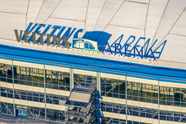 Gelsenkirchen230202345 | Luftbild, Schatten-Schriftzug Veltins-Arena am Bundesligastadion des FC Schalke 04, Erle, Gelsenkirchen, Ruhrgebiet, Nordrhein-Westfalen, Deutschland