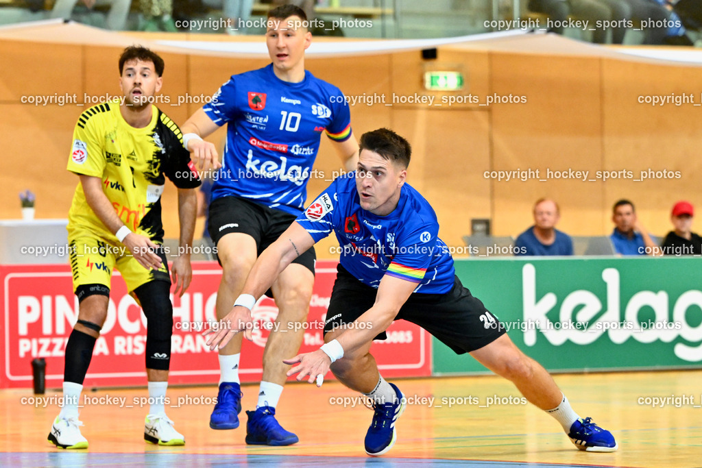 SC Ferlach vs. Bregenz Handball | #24 JOVANOVIC Mladan SC Ferlach, #10 Perkusic Toni SC Ferlach, #8 BURGER Sebastian Bregenz Handball, SC Ferlach vs. Bregenz Handball, SC Ferlach vs. Bregenz Handball am 28.09.2024 in Ferlach (Ballspielhalle Ferlach), Austria, (Photo by Bernd Stefan)
