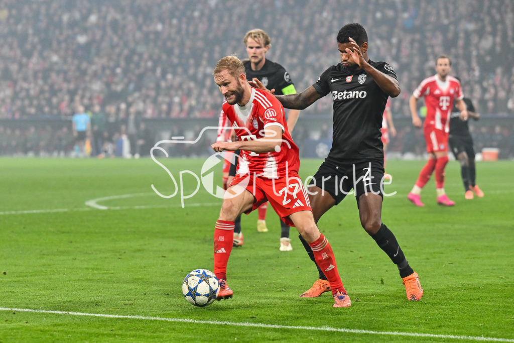 FC Bayern München - Sporting Lissabon | MUNICH, GERMANY - 09. DECEMBER: im Duell Konrad LAIMER (FC Bayern Munich 27) und Matheus REIS (Sporting CP 2) während dem Match zwischen dem FC Bayern München und Sporting Lissabon am 6. Spieltag der UEFA Champions League Ligaphase in der Allianz Arena