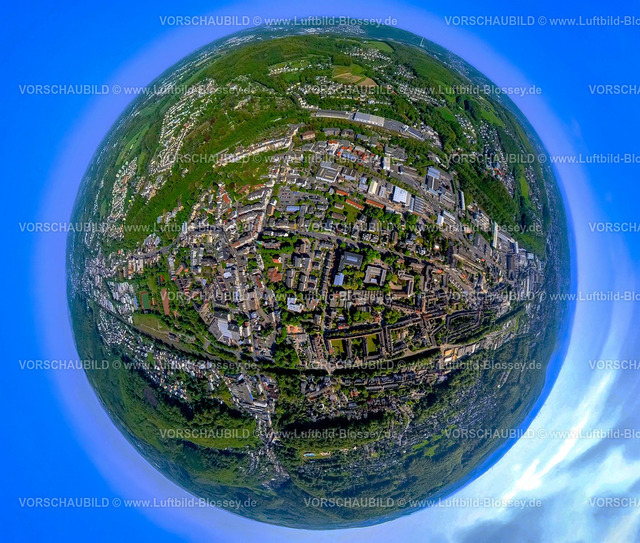 Hagen240590221Haspe-Mitte | Luftbild, Wohngebiet Ortsansicht Ortsteil Haspe Mitte, Leimstraße und Konrad-Adenauer-Ring, Erdkugel, Fisheye Aufnahme, Fischaugen Aufnahme, 360 Grad Aufnahme, tiny world, little planet, fisheye Bild, Haspe, Hagen, Ruhrgebiet, Nordrhein-Westfalen, Deutschland