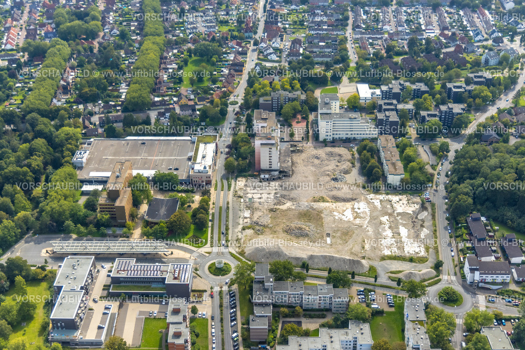 Bergkamen230902169 | Luftbild, Baustelle mit Abriss der ehemaligen Turmarkaden, geplantes Berg Karree, Rathaus, Sparkasse Bergkamen-Bönen - Hauptgeschäftsstelle Rathausplatz, Busbahnhof, Weddinghofen, Bergkamen, Ruhrgebiet, Nordrhein-Westfalen, Deutschland