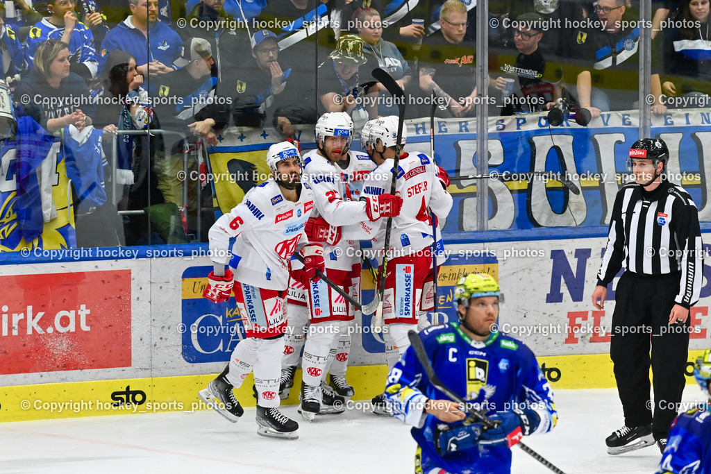 EC IDM Wärmepumpen VSV vs. EC KAC 7.3.2023 | Jubel EC KAC Mannschaft, #6 Lessio Lucas, #27 Hundertpfund Thomas, #4 Steffler Kele, DURMIS OTO Referee