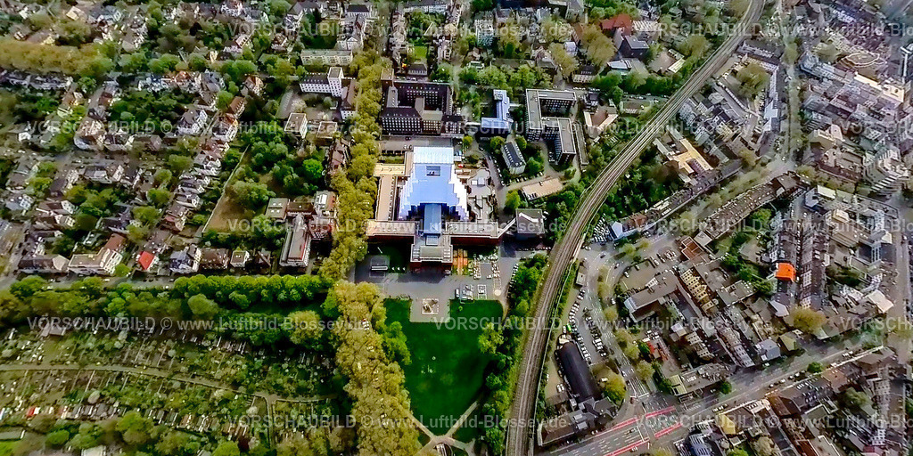 Bochum240490027Bergbaumuseum | Luftbild, Deutsches Bergbau-Museum Bochum, Baustelle und Renovierung des verhüllten Förderturms am Europaplatz, Wahrzeichen und Sehenswürdigkeit, Gebäude Polizeipräsidium Mitte, Eisenbahnlinie, Erdkugel, Fisheye Aufnahme, Fischaugen Aufnahme, 360 Grad Aufnahme, tiny world, little planet, fisheye Bild, Grumme, Bochum, Ruhrgebiet, Nordrhein-Westfalen, Deutschland