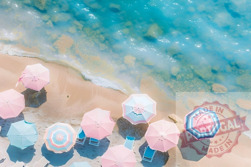 Aerial view of pastel umbrellas on sand beach | Beach umbrellas line a sandy shore next to turquoise ocean water, providing summer relaxation - Realized with Pictrs.com