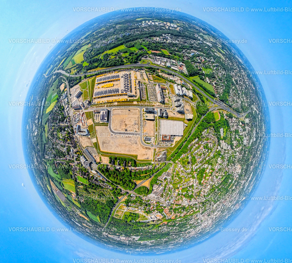 Bochum250690002O-Werk-Campus | Großbaustelle Mark 51/7, Wissenschaftsquartier und Technologiequartier, O-Werk Campus, ehemaliges Opel Areal an der Autobahn A448 Erdkugel, Fisheye Aufnahme, Fischaugen Aufnahme, 360 Grad Aufnahme, tiny world, little planet, fisheye Bild, Laer, Bochum, Ruhrgebiet, Nordrhein-Westfalen, Deutschland
