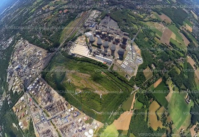 Gelsenkirchen20220803_2KraftwerkScholven | Luftbild, Kraftwerk Scholven, Fisheye Aufnahme, Fischaugen Aufnahme, 360 Grad Aufnahme, Scholven, Gelsenkirchen, Ruhrgebiet, Nordrhein-Westfalen, Deutschland