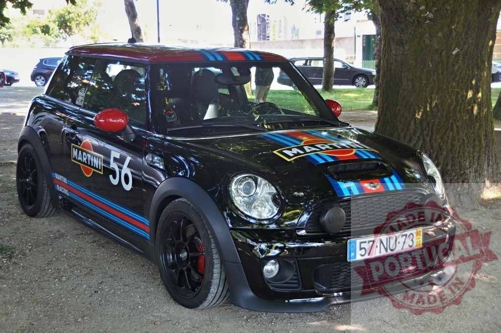 Black Mini Cooper JCW Martini Racing livery | Black Mini Cooper John Cooper Works showcasing Martini Racing livery details - Realized with Pictrs.com