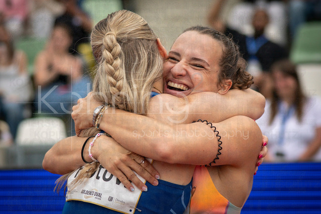 Golden Oval; Dresden, 31.05.2026 | DRESDEN , GERMANY - MAY 31:  Rosina Schneider (GER / Germany) and Lia Flotow (GER / Germany) celebrating after the 100m hurdles during the Golden Oval Continental Tour Silver meeting on May 31, 2026 at Heinz-Steyer-Stadion in Dresden, Saxony, Germany.