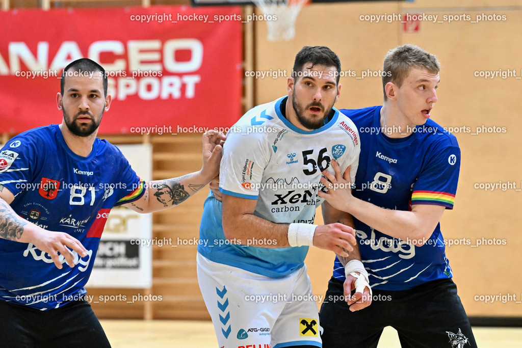 SC Ferlach vs. HSG Bärnbach/Köflach 30.3.2024 | #81 MILICEVIC Adrian SC Ferlach, #56 Beciri Kristian HSG Bärnbach, #8 KNAPP Simon SC Ferlach, SC Ferlach vs. HSG Bärnbach/Köflach 30.3.2024, SC Ferlach vs. HSG Bärnbach/Köflach am 30.03.2024 in Ferlach (Ballspielhalle Ferlach), Austria, (Photo by Bernd Stefan)