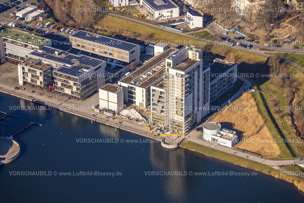 Dortmund230200707 | Luftbild, Phoenix-See, Baustelle mit Neubau der Comunita Residenz Phoenix See Seniorenwohnheim Hochhaus H12, Hörde, Dortmund, Ruhrgebiet, Nordrhein-Westfalen, Deutschland