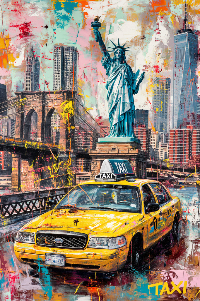 2407032 - New York Taxi | Moderne New York Collage im Stil eines Gemäldes als hochwertiger Kunstdruck. Für Preise, Größen- und Materialauswahl klicken Sie bitte auf "Bestellen.