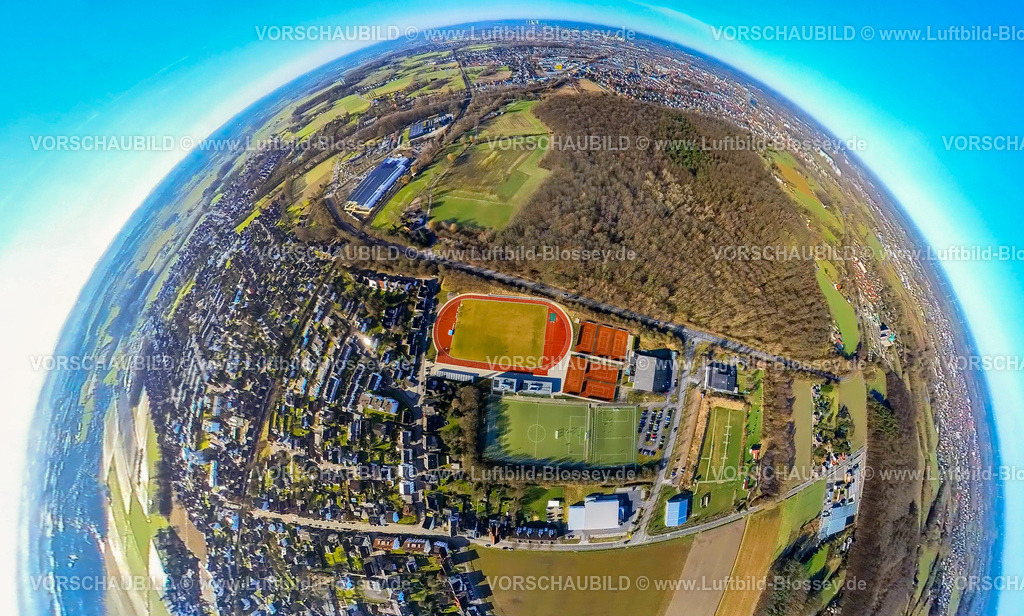 Hamm240190128HSC-Platz Westtuennen_Pilsholz | Luftbild, Waldgebiet Pilsholz und HSC Sportzentrum Hammer SportClub 2008 e.V., Fußballstadion und Leichtathletikstadion, Erdkugel, Fisheye Aufnahme, Fischaugen Aufnahme, 360 Grad Aufnahme, tiny world, little planet, fisheye Bild, Stadtbezirk Rhynern, Hamm, Ruhrgebiet, Nordrhein-Westfalen, Deutschland