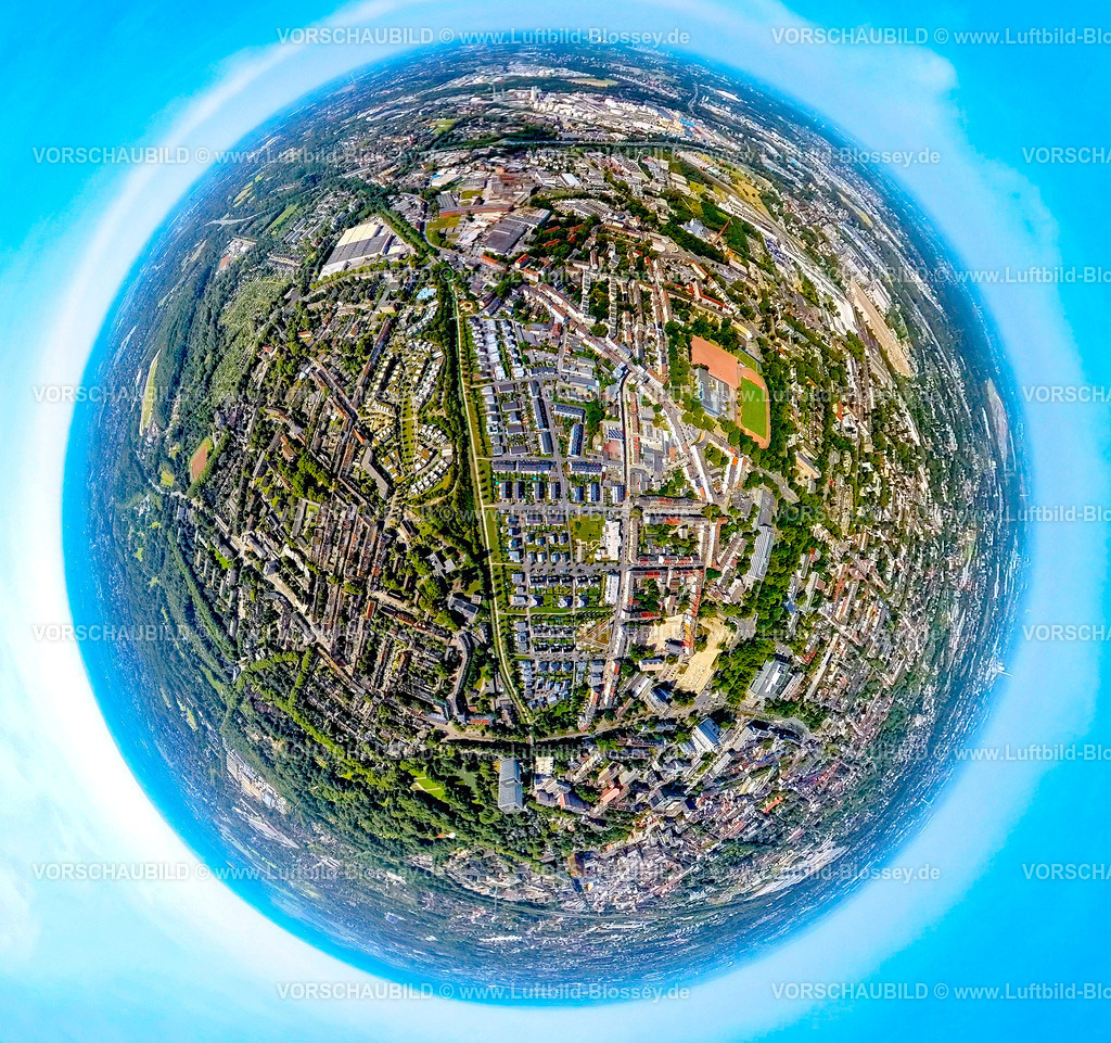 Gelsenkirchen240890587KueppersbuschGelaende | Luftbild, Neubausiedlung Küppersbuschstraße auf dem ehemaligen Werksgelände der Firma Küppersbusch, Robert-Geritzmann-Höfe, Erdkugel, Fisheye Aufnahme, Fischaugen Aufnahme, 360 Grad Aufnahme, tiny world, little planet, fisheye Bild, Schalke, Gelsenkirchen, Ruhrgebiet, Nordrhein-Westfalen, Deutschland