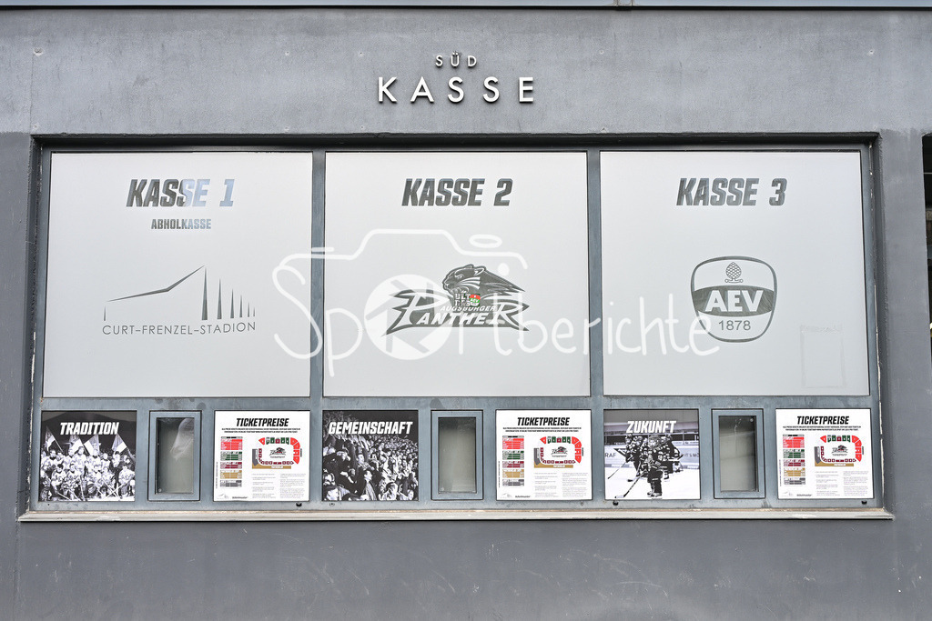 Augsburger Panther - Adler Mannheim | Das Curt Frenzel Stadion in Augsburg / CFS / Kasse / Arena / Aussenansicht / Symbolbild / DEL: Augsburger Panther - Adler Mannheim, Curt Frenzel Stadion am 16.02.2025