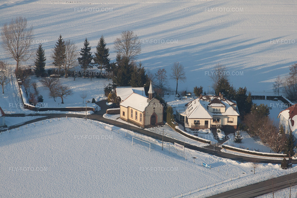 Aerial view: In winter when there is snow in Neewiller-près-Lauterbourg in the state Bas-Rhin, France.Photo: IMG_36659.jpg taken on 01/05/2011 by Werner Riehm/FLY-FOTO.comResolution of the original: 4752 x 3168 px