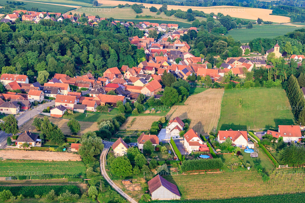 Vue aérienne: Rue de Niederlauterbach x Chem. du Müntzfeld à Neewiller-près-Lauterbourg dans le département Bas Rhin, France.Photo: IMG_30635.jpg prise le 09/07/2010 par Werner Riehm/FLY-FOTO.euRésolution de l'original: 4752 x 3168 px
