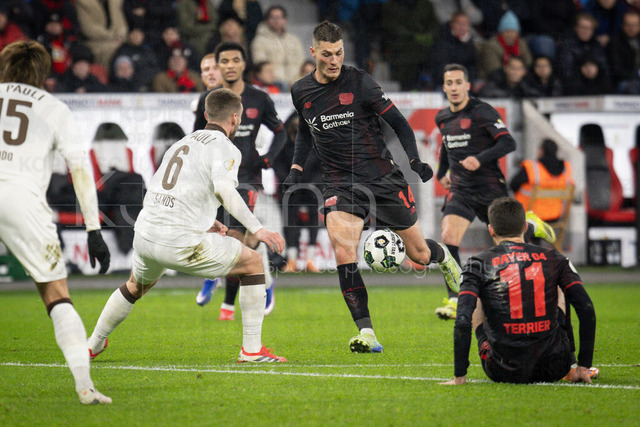 Bayer 04 Leverkusen vs. FC St. Pauli, 03.02.2026 | LEVERKUSEN, GERMANY - FEBRUARY 3:  Patrik Schick (Bayer 04 Leverkusen, 14), James Sands (FC St. Pauli, 6), Martin Terrier (Bayer 04 Leverkusen, 11) during the DFB Cup quarter-final match Bayer 04 Leverkusen vs. FC St. Pauli at BayArena on February 3, 2026 in Leverkusen, Germany. (Photo by Axel Kohring/Beautiful Sports Int.)DFL REGULATIONS PROHIBIT ANY USE OF PHOTOGRAPHS AS IMAGE SEQUENCES AND/OR QUASI-VIDEO.