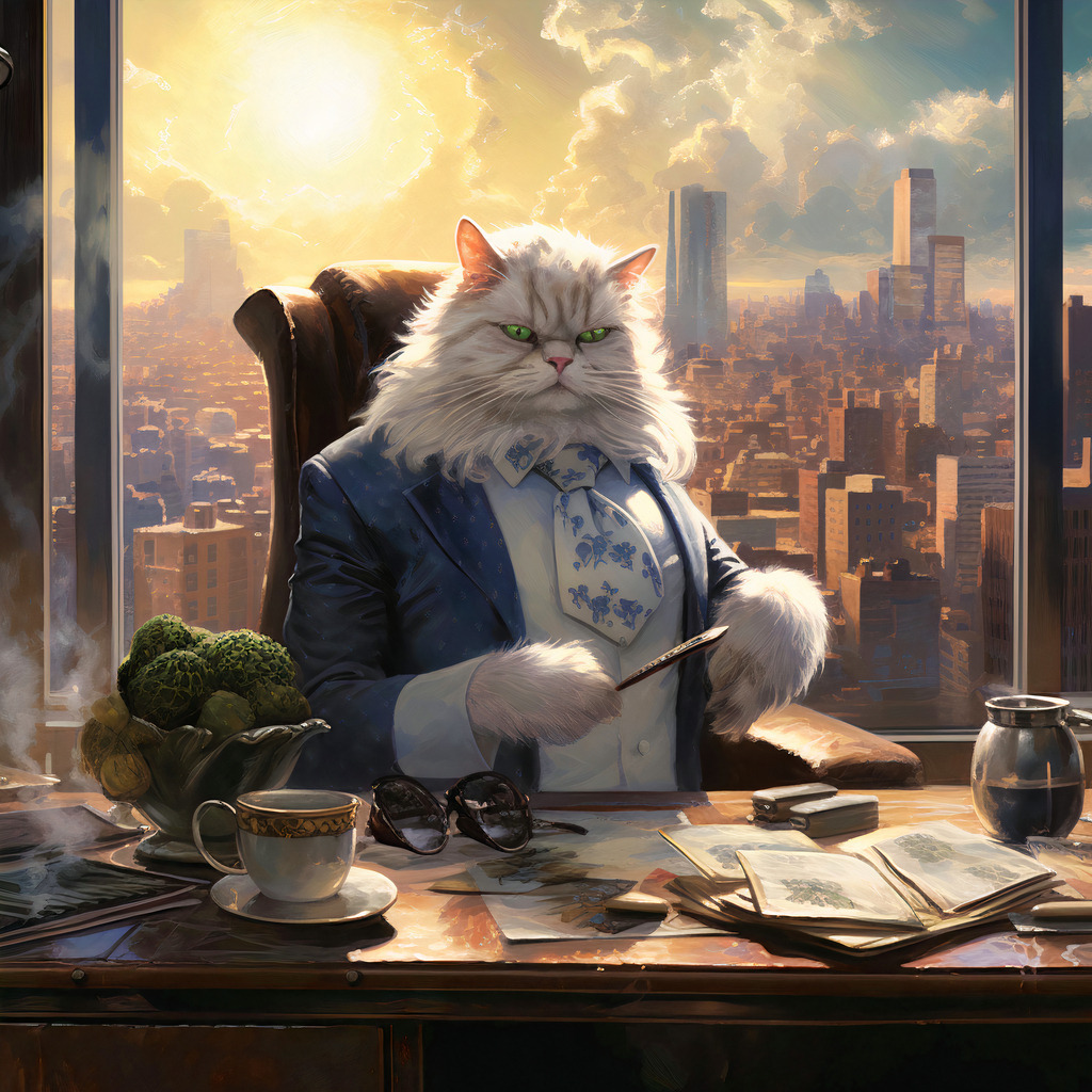 2307065 - Ein hohes Tier | Lustiges Wandbild einer Katze im Chefsessel mit spektakulärer Aussicht.