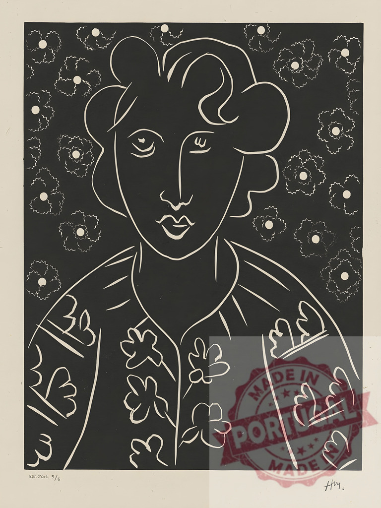 Henri Matisse linocut portrait of a woman. Henri Matisse | Woman wearing floral patterned jacket, surrounded by flowers, created in a modernist linocut style - Realisiert mit Pictrs.com