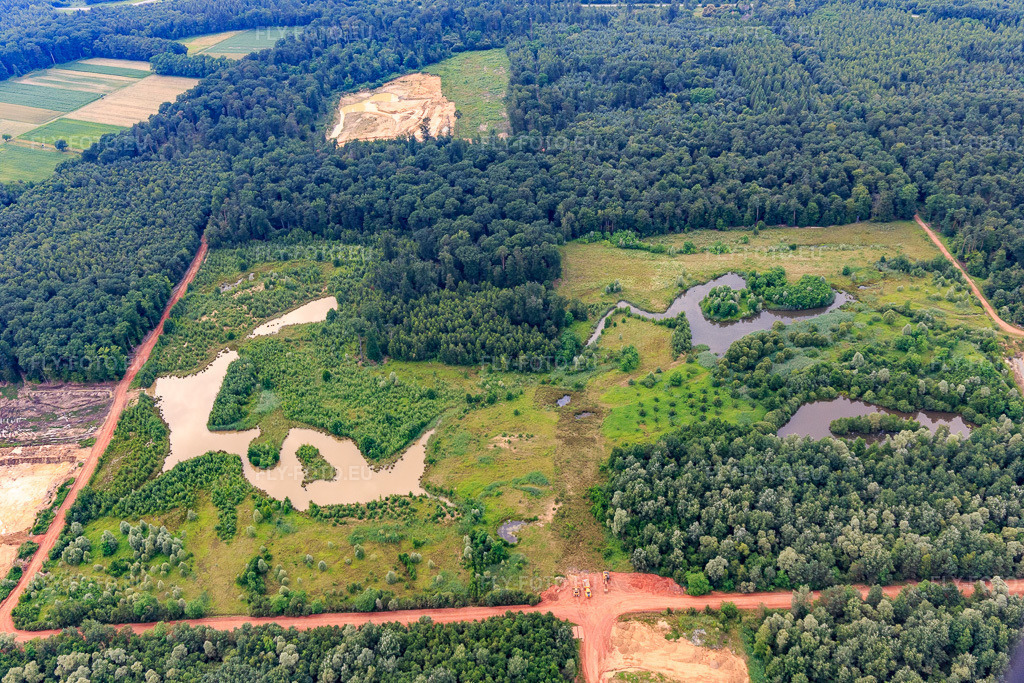 Vue aérienne: Carrières d'argile renaturées dans la forêt de Hagenau à Kesseldorf dans le département Bas Rhin, France – .Photo: IMG_107899.jpg prise le 14/06/2018 par Werner Riehm/FLY-FOTO.eu – Résolution de l'original: 5472 x 3648 px