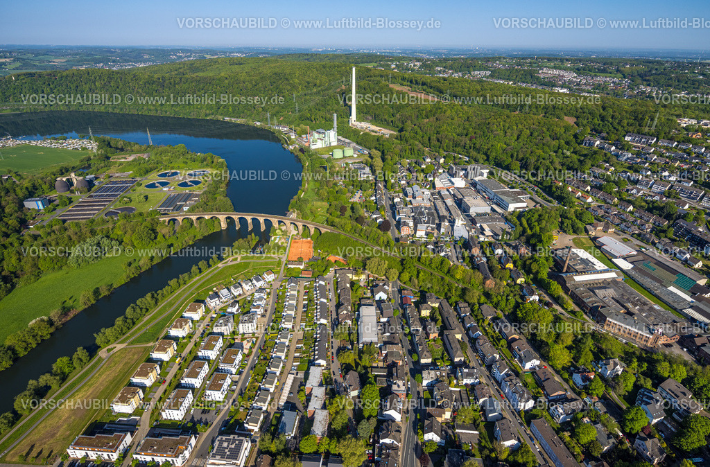 Herdecke240503256 | Luftbild, Herdecke Ortsansicht mit Quartier Ruhr-Aue, Fluss Ruhr und Ruhrpromenade, Ruhr-Viadukt Herdecke und Harkortsee, Cuno Schornstein Sehenswürdigkeit, Mark-E GuD Gas und Dampf-Kraftwerk, Ruhrverband Kläranlage Hagen, Gewerbegebiet Auf der Helle und Wetterstraße, Ardeygebirge, Herdecke, Ruhrgebiet, Nordrhein-Westfalen, Deutschland