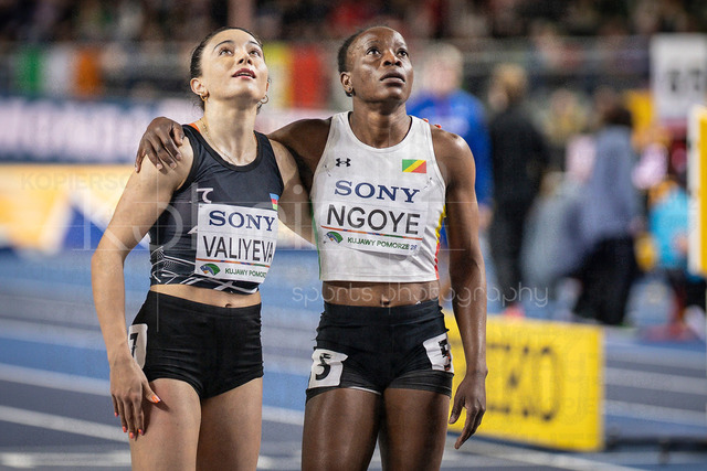 World Athletics Indoor Championships Kujawy Pomorze 26, 21.03.2026 | TORUN, POLAND - MARCH 21:  Lamiya VALIYEVA (AZE) and Natacha NGOYE (CGO) after the 60m 1st round during the World Athletics Indoor Championships Kujawy Pomorze 26 on day 2 / session 1 at Kujawsko-Pomorska Arena Torun on March 21, 2026 in Torun, Poland. 