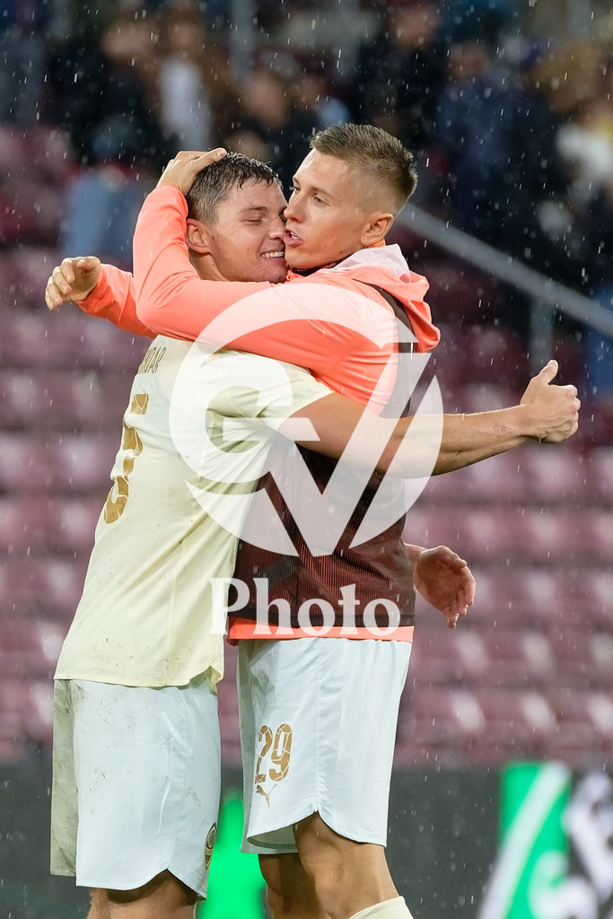 UEFA Conference League Play-offs 2nd leg - Servette FC v FC Shakhtar Donetsk | Yehor Nazaryna (29 FC Shakhtar Donetsk) and Valeriy Bondar (5 FC Shakhtar Donetsk) celebrate after winning  during the UEFA Conference League Play-offs 2nd leg match between Servette FC and FC Shakhtar Donetsk at Stade de Geneve in Geneva, Switzerland