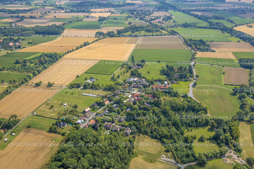 Hamm250701723Rhynern | Luftbild, Wohngebiet Ortsansicht Ortsteil Pedinghausen, Wiesen und Felder und Waldgebiet, unten Baustelle Seseke Brücke, Stadtbezirk Rhynern, Hamm, Ruhrgebiet, Nordrhein-Westfalen, Deutschland
