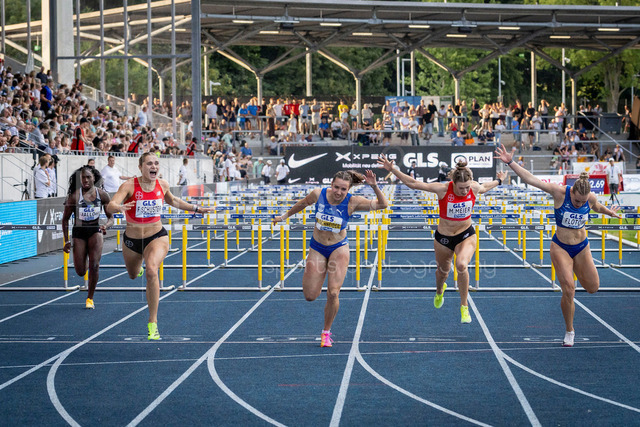 Deutsche Leichtathletik-Meisterschaften; Bochum-Wattenscheid, 25.07.2026 | Deutsche Meisterin über 100m Hürden Franziska Schuster (TSV&nbsp;Bayer&nbsp;04&nbsp;Leverkusen); Deutsche Leichtathletik-Meisterschaften am 25.07.2026 im Lorheide-Stadion, Bochum-Wattenscheid (Nordrhein-Westfalen).