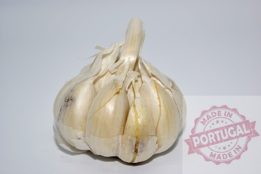 Whole fresh garlic bulb on white surface | Garlic bulb displaying its skin and individual cloves on a clean white background - Realized with Pictrs.com