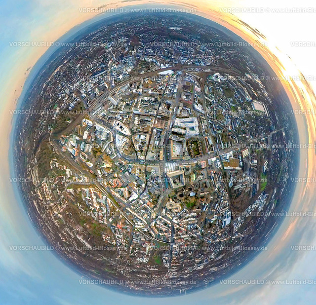 Bochum2301fish0012CityRathaus | Luftbild, Innenstadtansicht, City mit Rathaus und Hauptbahnhof, Fisheye Aufnahme, Fischaugen Aufnahme, 360 Grad Aufnahme, Gleisdreieck, Bochum, Ruhrgebiet, Nordrhein-Westfalen, Deutschland