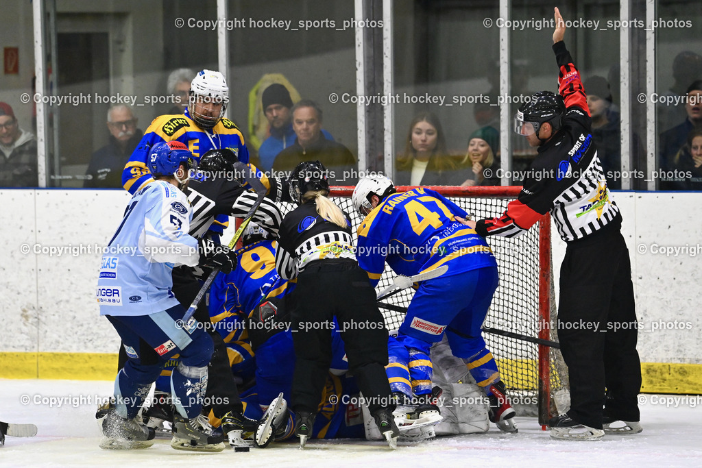 EHC Althofen vs. ESC Steindorf 6.3.2024 | Telesklav Fabio Referee, Klemm Anja Referee, Dreier Alexander Referee,#47 Rainer Michael EHC Althofen, #96 Kronlechner Christoph EHC Althofen, #92 Jagarinec Jakob Lukas EHC Althofen, #57 Wilfan Franz ESC Steindorf, EHC Althofen vs. ESC Steindorf 6.3.2024, EHC Althofen vs. ESC Steindorf am 06.03.2024 in Althofen (Stadthalle Althofen ), Austria, (Photo by Bernd Stefan)
