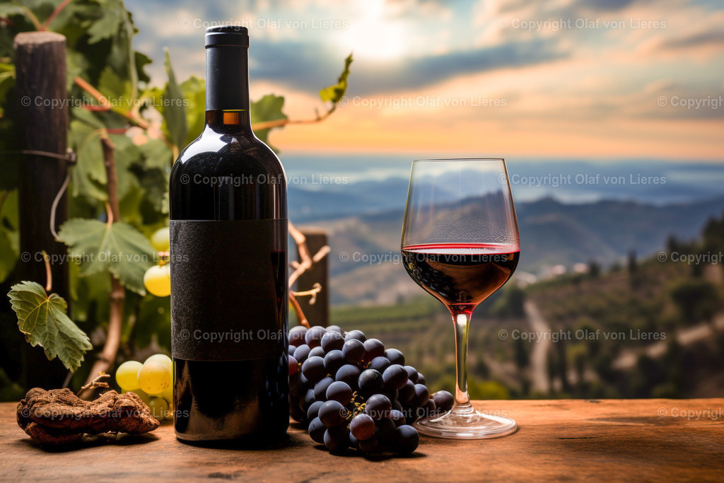 Rotwein mit Weinbergen | Rotweine mit Weinglas und Rebstöcken im Hintergrund