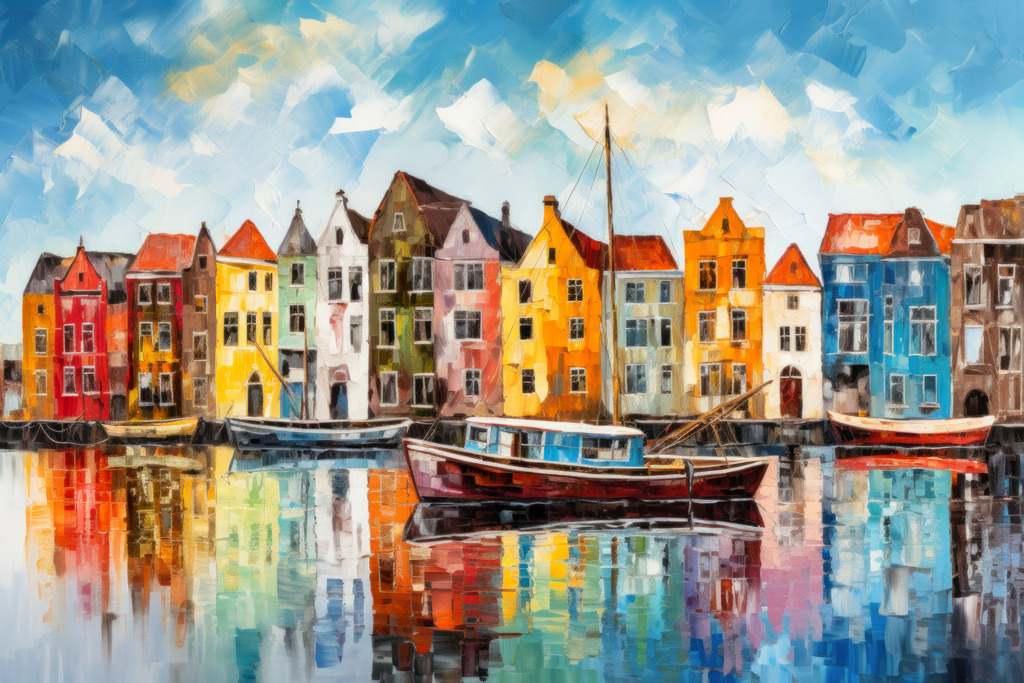 2307254 - Häuser von Amsterdam | Bestellen Sie dieses digitale Gemälde von bunten Häusern an einer Gracht in Amsterdam als hochwertigen Kunstruck auf Leinwand, Acrylglas, Alu-Dibond oder als Poster.