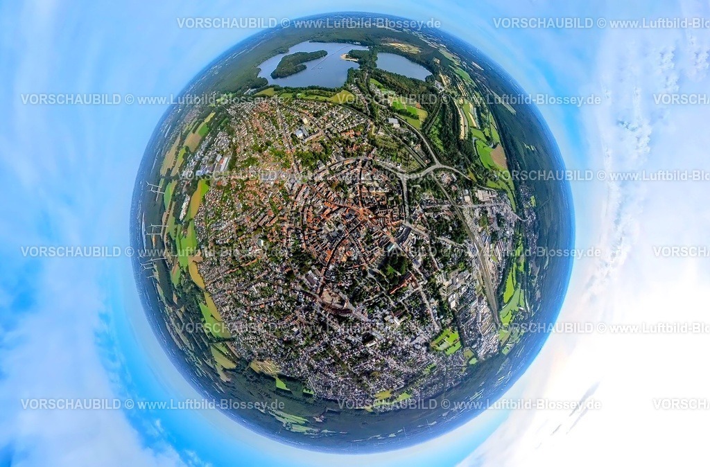 Haltern230990247Mitte | Luftbild, Ortsansicht Haltern, Wohnen und Leben, Halterner Stausee, Erdkugel, Fisheye Aufnahme, Fischaugen Aufnahme, 360 Grad Aufnahme, tiny world, Haltern-Stadt, Haltern am See, Ruhrgebiet, Münsterland, Nordrhein-Westfalen, Deutschland