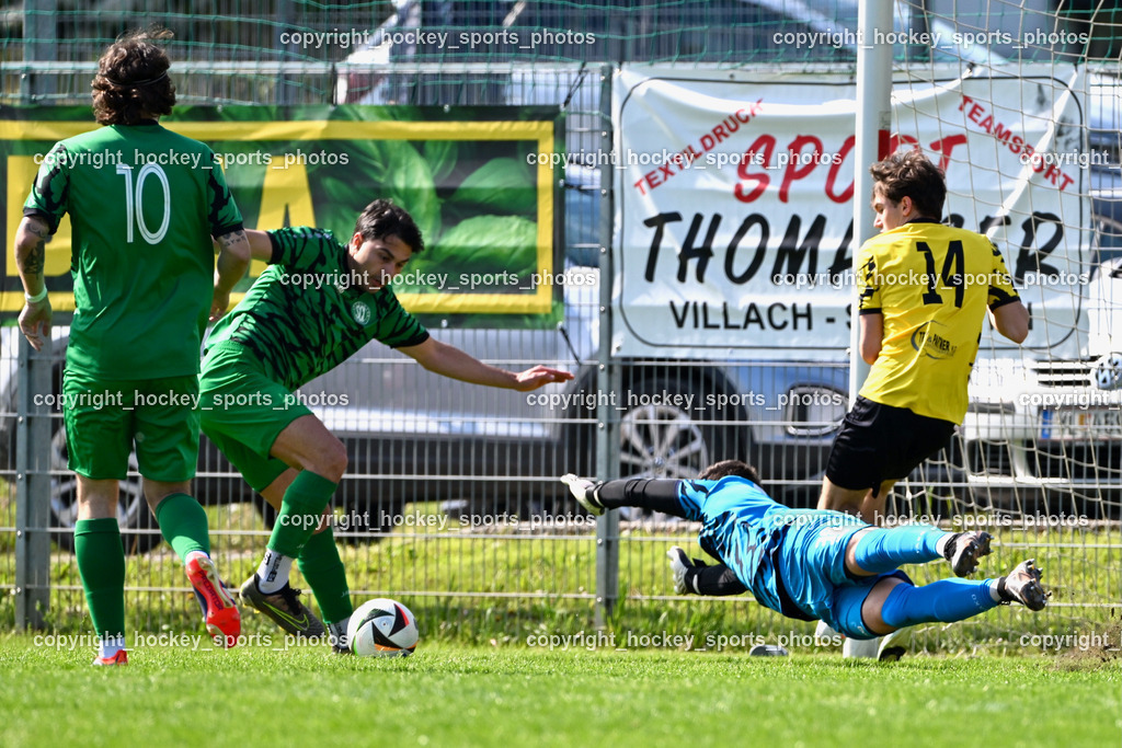SC Landskron vs. FC Faakersee | #9 Damjan Jovanovic SC Landskron, #38 Michael Lessiak FC Faakersee, #14 Samuel Reinwald FC Faakersee, #10 Nemanja Lukic SC Landskron, SC Landskron vs. FC Faakersee, SC Landskron vs. FC Faakersee am 27.04.2025 in Villach (Sportanlage Landskron), Austria, (Photo by Bernd Stefan)