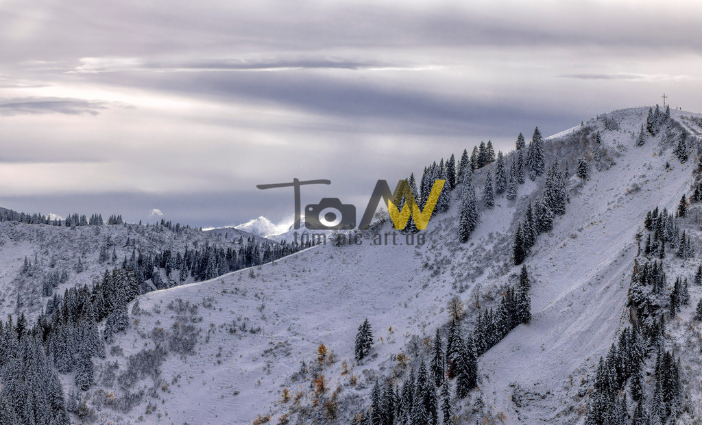 Wintereinbruch am Setzberg am Tegernsee,Altes Wallberghaus | Der erste Schnee ist gefallen. Vereinzelt sind noch ein paar Laubbäume auf dem Setzberg zu erkennen.Das Bild zeigt den Setzberg, einen Berg im Tegernseer Tal in den Bayerischen Voralpen, im Winter. Der Setzberg ist Teil der Tegernseer Berge, die zum Mangfallgebirge gehören. Die Region liegt etwa 50 Kilometer südlich von München. Der Tegernsee ist bekannt für seine saubere Wasserqualität und ist ein beliebtes Ganzjahresziel für Touristen. Die Gegend bietet zahlreiche Möglichkeiten für Outdoor-Aktivitäten wie Wandern oder Skitouren, je nach Jahreszeit und Schneelage.  - Realisiert mit Pictrs.com