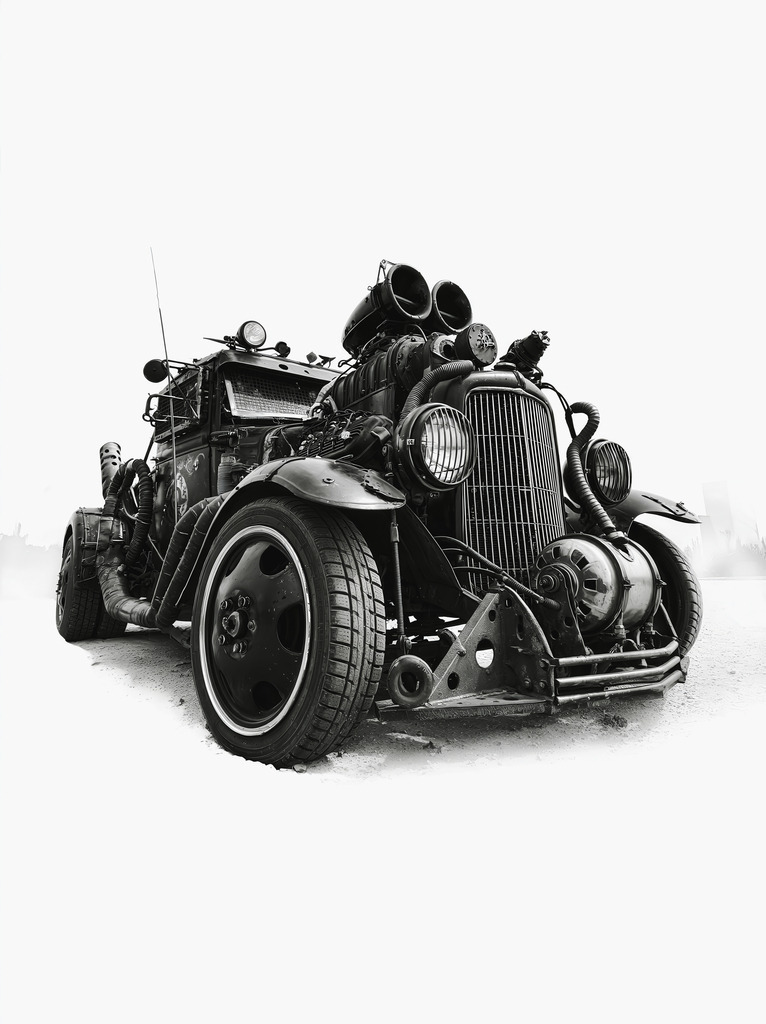 Steampunk Auto | Mit moderner KI‑generiertes schwarz-weiß Artwork, sorgfältig manuell für den Druck optimiert.