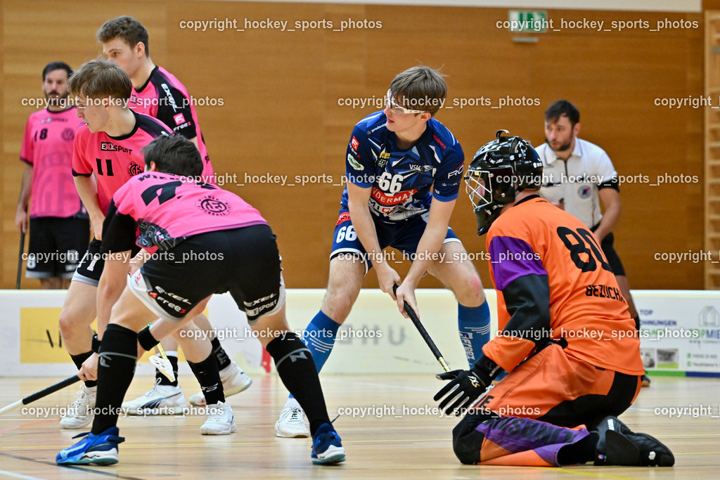 VSV Unihockey vs. Wiener Floorball Verein | #11 Jakub Kir Wiener Floorballverein, #66 Jakob Rainer VSV Unihockey, #80 BEZUCHA Bernhard Wiener Floorballverein, VSV Unihockey vs. Wiener Floorball Verein, VSV Unihockey vs. Wiener Floorball Verein am 18.05.2025 in Villach (Ballspielhalle St. Martin), Austria, (Photo by Bernd Stefan)