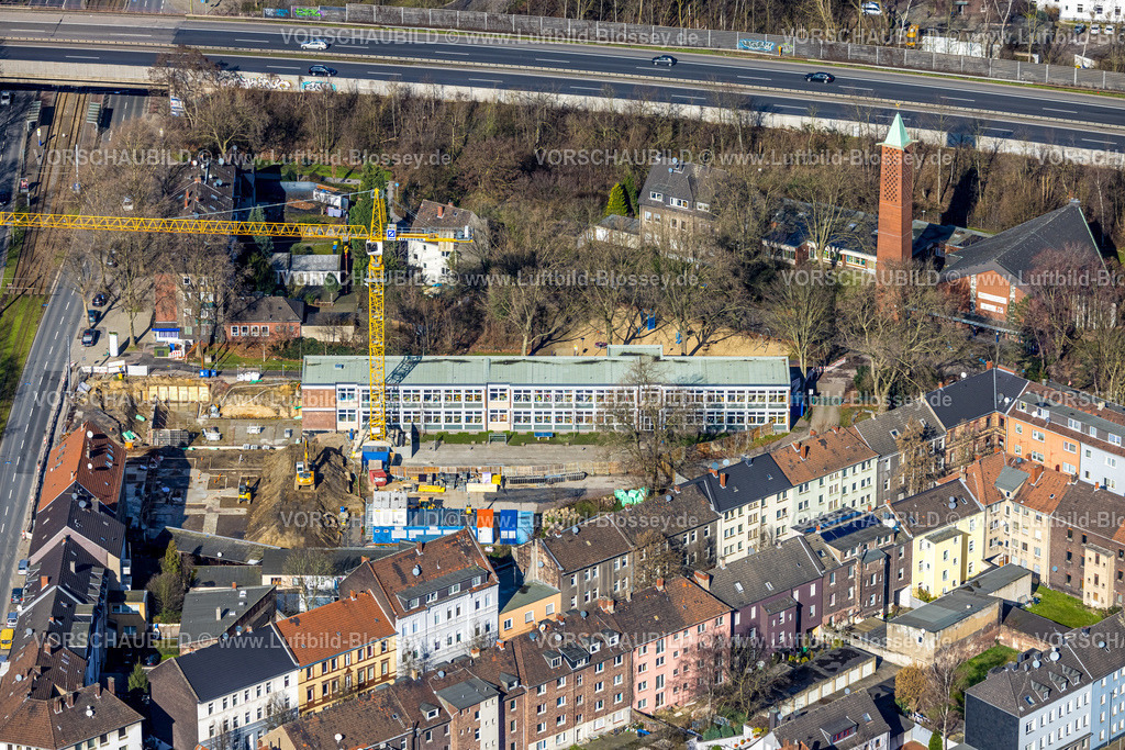 Gelsenkirchen230211496 | Luftbild, GGS Kurt-Schumacher-Straße Baustelle und Neubau, St. Anna Kirche, Schalke-Nord, Gelsenkirchen, Ruhrgebiet, Nordrhein-Westfalen, Deutschland