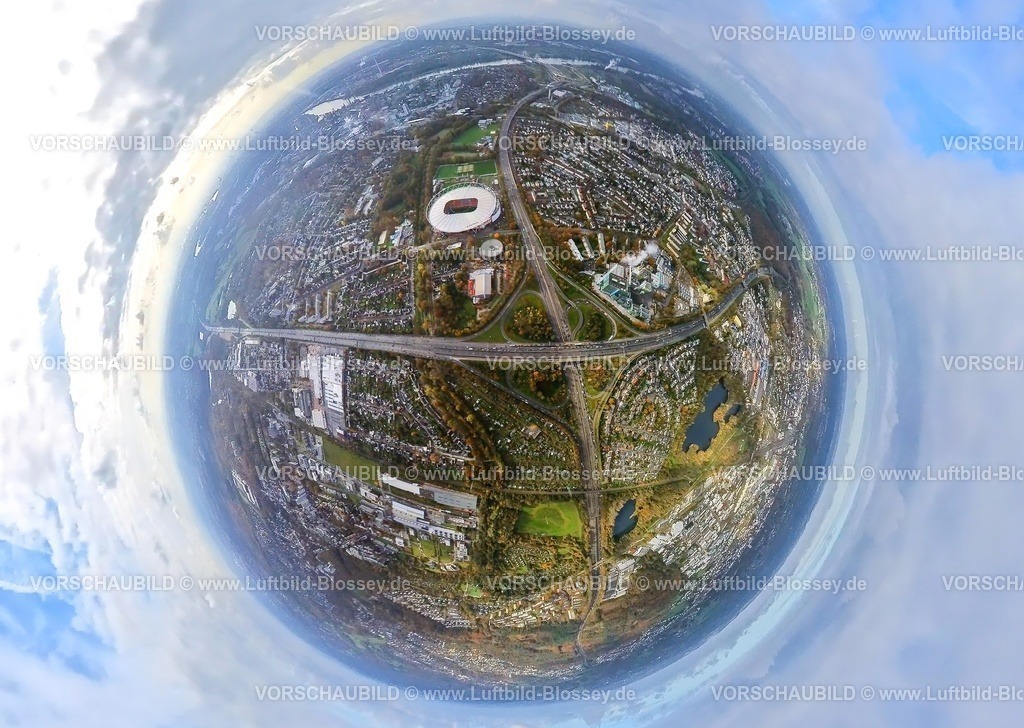 Leverkusen231190003Autobahn_A2A3-BAB-Kreuz-topaz | Luftbild, Leverkusen BayArena Bundesligastadion des Bayer 04 Leverkusen Fußballvereins, am Autobahnkreuz Leverkusen zwischen den Autobahnen A1 und A3, rundes Wohngebiet BAumsiedlung, Erdkugel, Fisheye Aufnahme, Fischaugen Aufnahme, 360 Grad Aufnahme, tiny world, little planet, fisheye Bild, Küppersteg, Leverkusen, Rheinland, Nordrhein-Westfalen, Deutschland