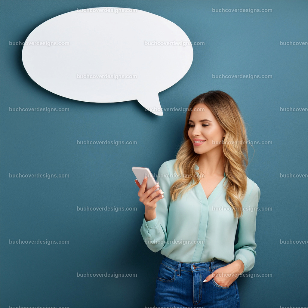 frau mit Mobile Telefon und Sprechblase (35) | Entdecken Sie kreative Buch Cover Designs für Self-Publishing-Autoren und Verlage! Unsere maßgeschneiderten Designs ziehen Leser an und bringen Ihre Geschichten visuell zum Leben. Lassen Sie uns Ihr perfektes Cover gestalten!