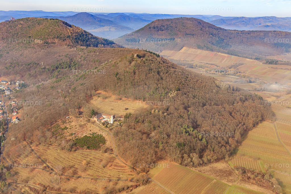 Luftbild: Slevogthof Neukastel im Winter in Leinsweiler im Bundesland Rheinland-Pfalz in Deutschland. Foto: IMG_096485.jpg vom 02.02.2017 durch Werner Riehm/FLY-FOTO.de