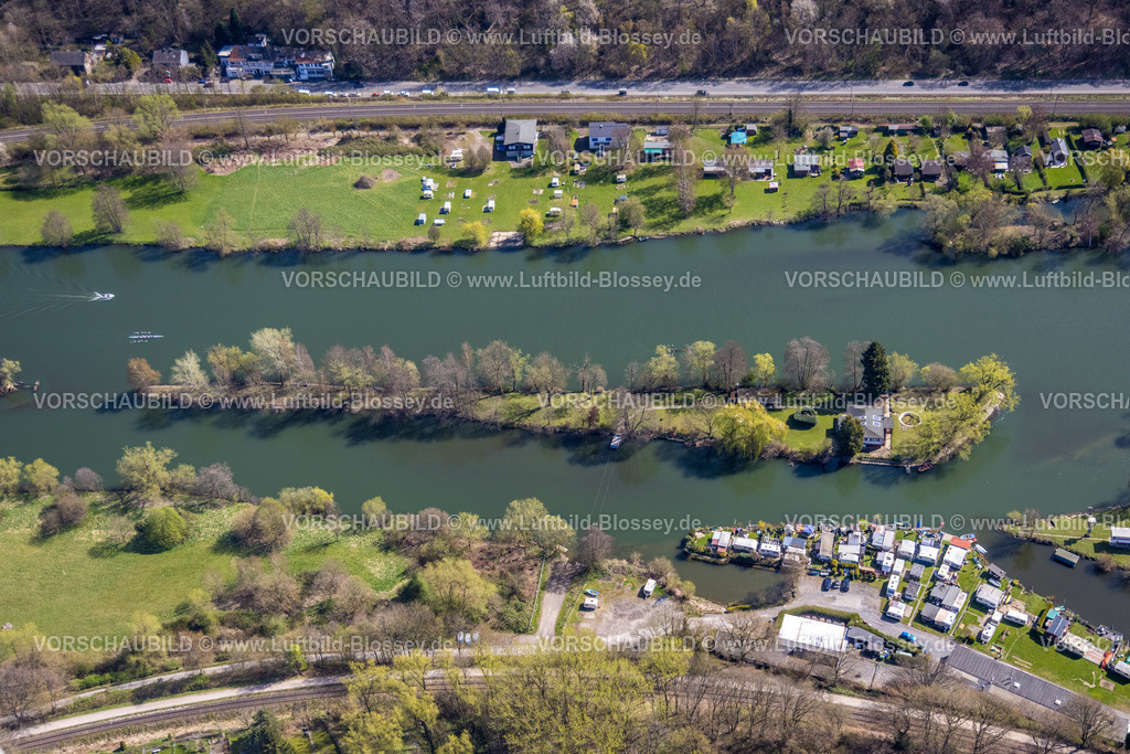 Witten220401441 | Luftbild, Fluss Ruhr mit Ruhrinsel und Camping Steger sowie gegenüber der Kanu-Klub Neptun an der Wetterstraße, Bommern, Witten, Ruhrgebiet, Nordrhein-Westfalen, Deutschland
