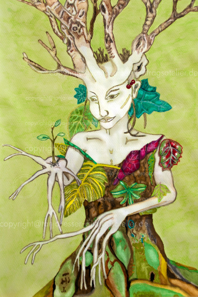 Mutter Natur in Form einer zauberhaften Frühlingsbirke | Handgezeichnetes analoges Aquarell zeigt eine geheimnisvolles Wesen. Es ist eine Birken Frau. In ihrer Hand wächst bereits ein Ableger. Moos und Blätter sind ihre natürliche Bekleidung. Fantasievolle Naturgestalt. 