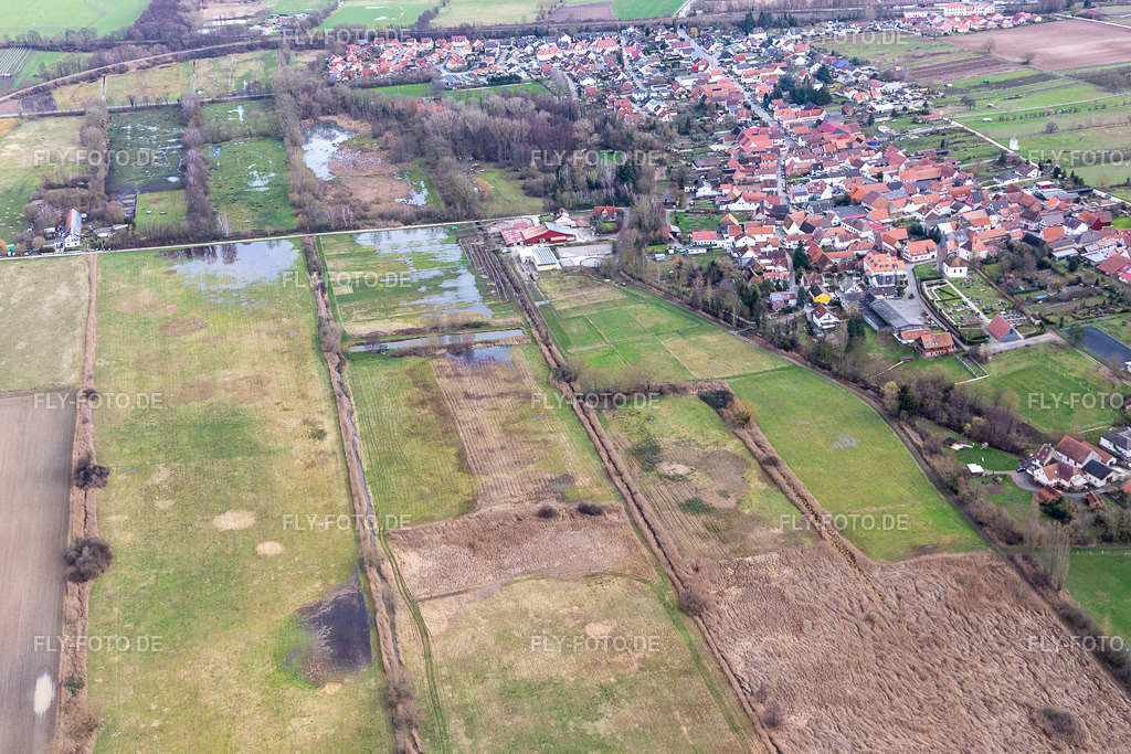 Überfluteter Flutgraben/Erlenbach an der Waschmühle | Luftbild: Überfluteter Flutgraben/Erlenbach an der Waschmühle im Ortsteil Mühlhofen in Billigheim-Ingenheim im Bundesland Rheinland-Pfalz in Deutschland. Foto: IMG_124174.jpg vom 04.02.2021 durch ©2025 Werner Riehm fly-foto.de/copyright - Realisiert mit Pictrs.com