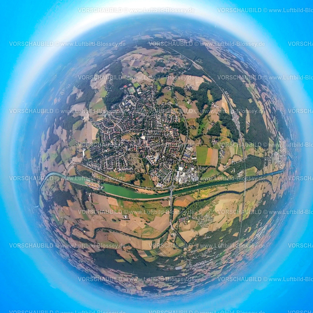 Huenxe20220823City2 | Luftbild, Hünxe City, Wesel-Datteln-Kanal und Fluss Lippe Mäander, Lippeauen, Fisheye Aufnahme, Fischaugen Aufnahme, 360 Grad Aufnahme, Hünxe, Ruhrgebiet, Nordrhein-Westfalen, Deutschland