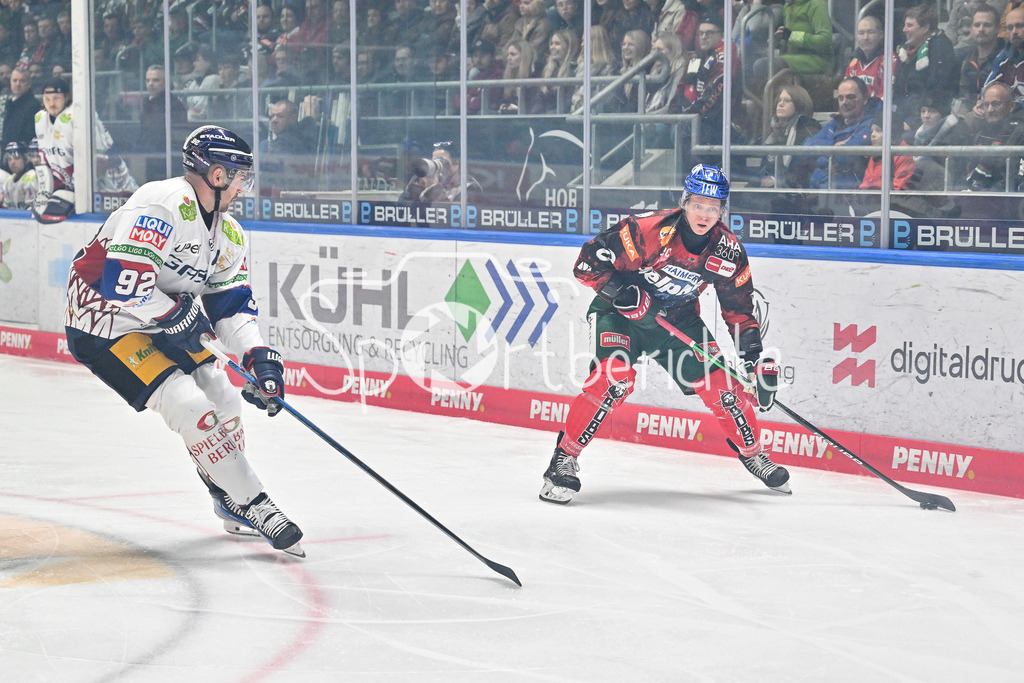 Augsburger Panther - Eisbären Berlin | Im Duell Marcel NOEBELS (Eisbaeren Berlin #92) und Kristian BLUMENSCHEIN (Augsburger Panhter #8) / Zweikampf / DEL: Augsburger Panther - Eisbaeren Berlin, Curt Frenzel Stadion am 31.10.2024