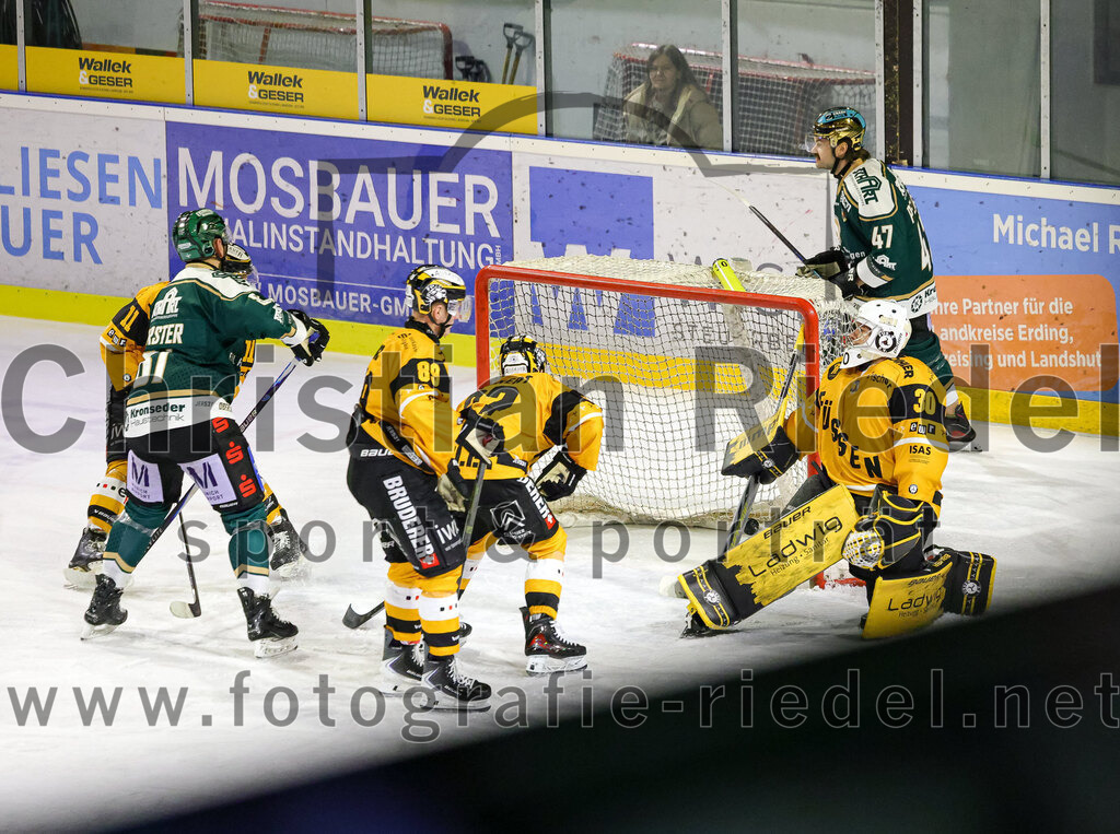 2026-02-27_065_TSV_Erding_gegen_EV_Fuessen | Erding, Deutschland, 27.02.2026:Eishockey, Oberliga Süd 2025 / 2026, 51. Spieltag, TSV Erding gegen EV Füssen, Endergebnis: 2:4Maximilian Forster (Erding Gladiators, #81), Martin Kaaz (EV Füssen, #89), Jakob Peukert (EV Füssen, #27), Torwart Timotej Pancur (EV Füssen, #30), Marco Pfleger (Erding Gladiators, #47)Foto: Christian Riedel / fotografie-riedel.net